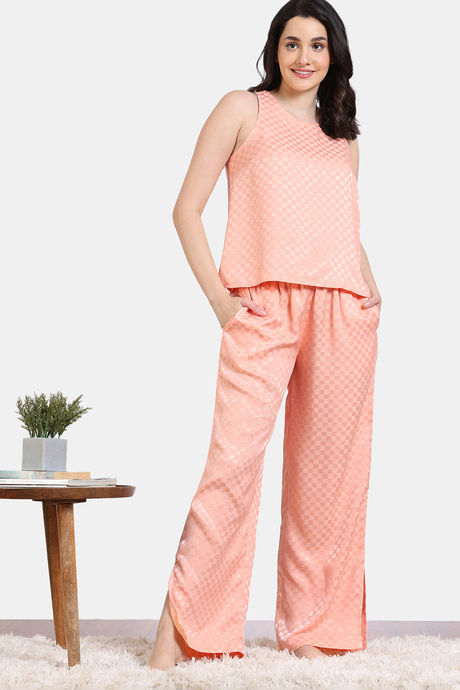 Zivame Checkered Sheen Woven Pyjama Set - Pink Sand — image 2
